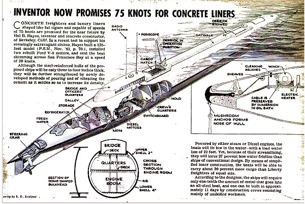 Super-fast Concrete Ship Designed by Hal B. Hayes in June 1944 Popular Science